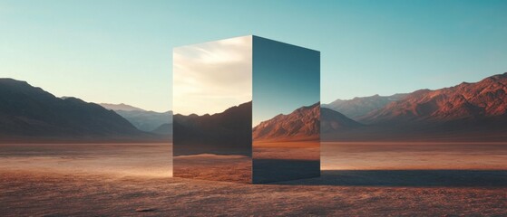 Leinwandbilder - Reflective metallic monolith in a vast desert landscape at sunset, with majestic mountains in the background Concept of mystery, surrealism, and the unknown