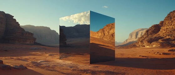 Leinwandbilder - Reflective monolith in a vast desert landscape at sunset Surreal mirrored cube reflecting the rocky mountains and sky in a desolate, otherworldly environment Concepts of mystery, illusion, and solitud