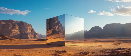 Aufkleber - Mysterious mirrored monolith in a vast desert landscape at sunset Reflective cube reflecting the surrounding mountains and sky in Wadi Rum, Jordan Concepts of mystery, surrealism, and otherworldly bea