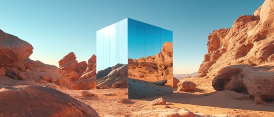 Leinwandbilder - Mirrored monolith reflecting desert landscape at sunset Surreal art installation in a rocky canyon Concepts of illusion, reality, and natures beauty