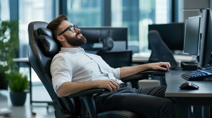 Leinwandbilder - A man is sitting in a chair with a computer monitor in front of him