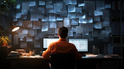 Fototapete - A man sits at a desk with two computer monitors and a wall covered in papers