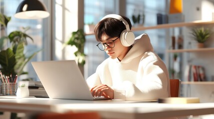 Leinwandbilder - A young man wearing glasses and headphones is typing on a laptop