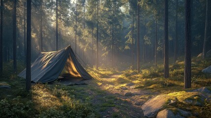 sunrise illuminates tent in misty pine forest, path nearby