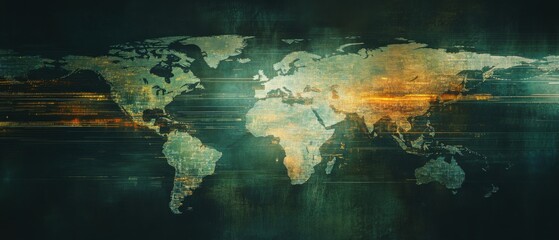 Distressed world map with digital glitches and grunge texture Global communication, technology, and data flow concept Ideal for backgrounds, presentations, and futuristic designs