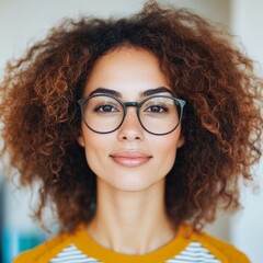 Wall Mural - Close-up portrait of a young woman with curly hair and glasses. She's wearing a mustard yellow top.  A calm and confident expression.