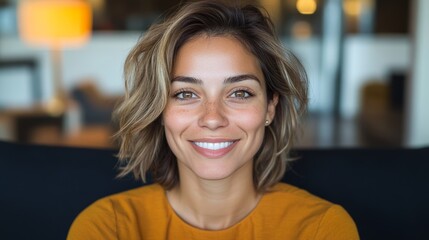 Wall Mural - Close-up portrait of a smiling young woman with shoulder-length blonde hair, wearing a mustard-yellow sweater.