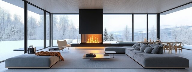 Wall Mural - Cozy Scandinavian Living Room with Snowy View and Modern Fireplace