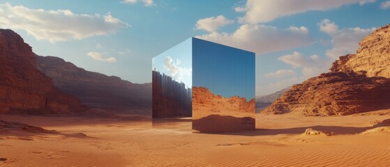 Poster - Reflective metallic cube in a vast desert landscape, mirroring the sky and surrounding rock formations Concept of surrealism, minimalism, and the juxtaposition of nature and artificial structures