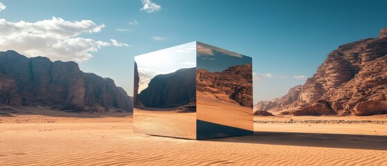 Aufkleber - Reflective metallic cube in Wadi Rum desert, Jordan Surreal landscape with mirrored monolith reflecting mountains and sky Concept of art, mystery, and illusion