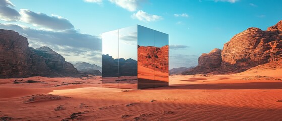 Aufkleber - Mirrored monolith in Wadi Rum desert reflecting the landscape at sunset Concept of surrealism, mystery, and otherworldly beauty