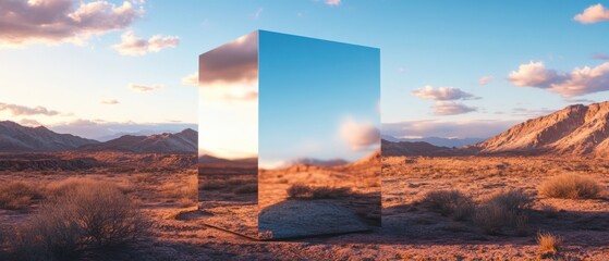 Leinwandbilder - Reflective metallic monolith in a serene desert landscape at sunset Mirrored cube reflecting the sky and mountains, creating a surreal and minimalist artwork in the vast, open wilderness Concept of ar