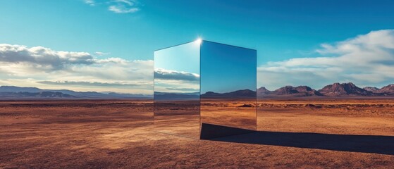 Fototapete - Mirrored cube reflecting desert landscape with mountains and cloudy sky Modern art installation in arid environment Concepts of reflection, illusion, and minimalism