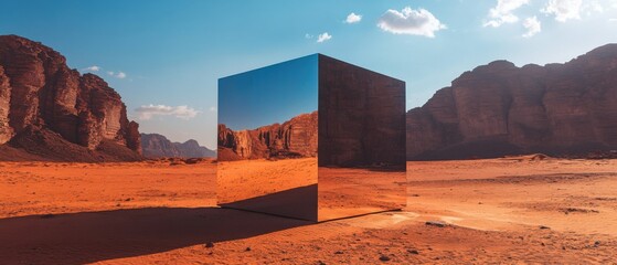 Aufkleber - Mirrored cube reflecting desert landscape in Wadi Rum, Jordan Modern art installation in a vast, red desert, showcasing the contrast between nature and human creation Concepts of art, reflection, dese