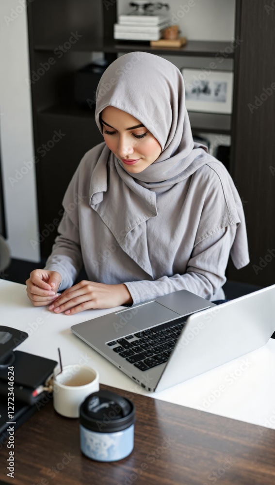 A young Muslim woman in a light grey hijab is focused on her work at a ...