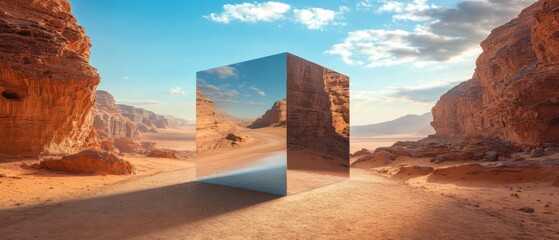 Leinwandbilder - Reflective metallic cube in a vast desert landscape at sunset Surreal art installation in Wadi Rum, Jordan, blending nature and modern art Concept of illusion, contrast, and desert beauty