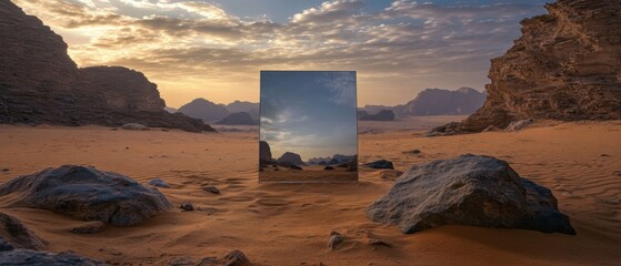 Leinwandbilder - Surreal desert landscape at sunrise with a mirror reflecting the sky and mountains Concept of illusion, reality, and parallel universe