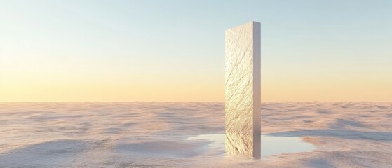 Poster - Mysterious metallic monolith in a surreal, snowcovered desert landscape at sunset Concept of mystery, science fiction, and the unknown