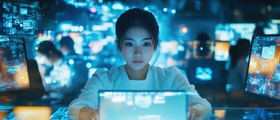 focused young asian woman working on a transparent laptop in a futuristic tech control room at night