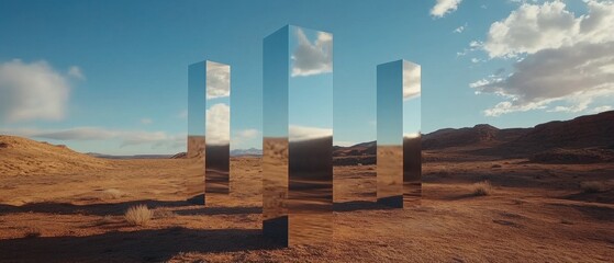 Fototapete - Three reflective monoliths in a vast desert landscape under a blue sky with clouds Concept of mystery, surrealism, and otherworldly