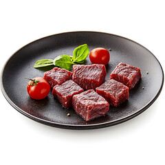 Wall Mural - Diced raw beef arranged on a black plate accompanied by cherry tomatoes and a sprig of fresh basil.