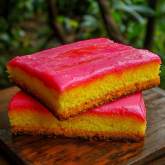 Canvas Print - Stacked squares of sponge cake with bright pink icing resting on a wooden surface against a blurred green background.