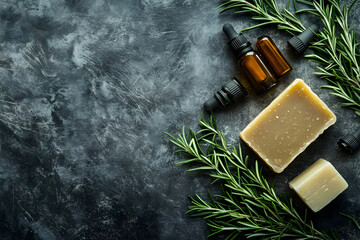 Wall Mural - Aromatic essentials, Rosemary sprigs, handcrafted soap bars, and dark amber oil vials arranged against a textured slate background.