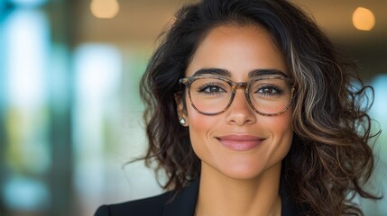 Wall Mural - Portrait of a smiling Hispanic woman wearing glasses. Warm lighting and a soft focus background create a friendly and approachable mood.