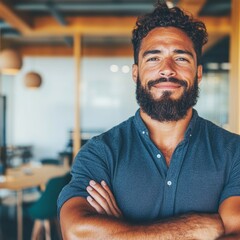 Canvas Print - Confident man with arms crossed, smiling gently. He's wearing a dark blue shirt in a modern setting.