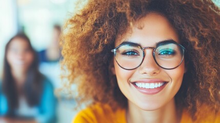 Wall Mural - A young woman with a radiant smile and curly hair, wearing glasses, looks directly at the camera.