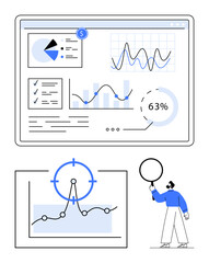 Wall Mural - Interactive dashboard displaying analytics graphs, pie chart, and checklist. Character explores data trends with a magnifier. Ideal for data analysis, insights, monitoring, strategy, reporting