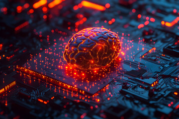 conceptual rendering of artificial intelligence with a luminous brain on a circuit board, symbolizin