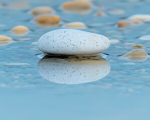 Canvas Print - White stone floats, reflecting on calm, pebble-strewn water.  Spa serenity