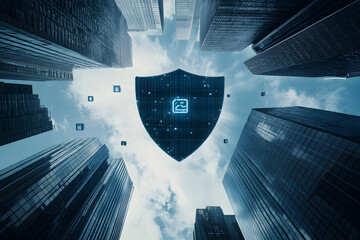 Wall Mural - cybersecurity shield hovering over a modern city skyline, safeguarding digital assets and ensuring t