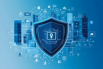 Wall Mural - digital security protecting a modern cityscape with network connections and data flow, conveying tru