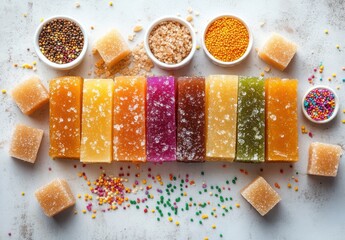 Wall Mural - Colorful candy display with vibrant sweets and sprinkles on white wooden surface for festive celebration, baking, dessert, or confectionery themes