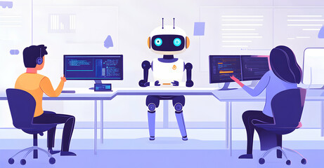 humans and robots in a collaborative programming environment, designing futuristic software in an in