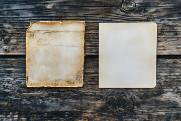 Wall Mural - Juxtaposition of ages, Distressed parchment meets clean paper on textured wood, a study in contrasts and surfaces ready for creative overlay