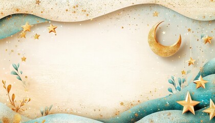 Wall Mural - Gold Moon and Stars on Teal Waves Papercut Background