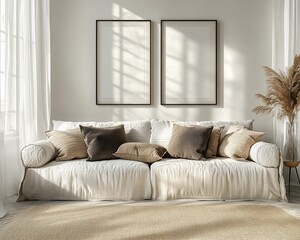 Minimalist Living Room Interior Mockup with Light Colored Sofa and Textured Pillows in Scandinavian Style