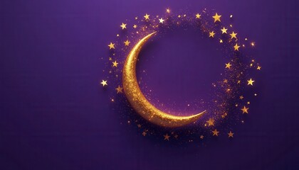 Poster - Golden Crescent Moon with Glitter Stars on Purple Background
