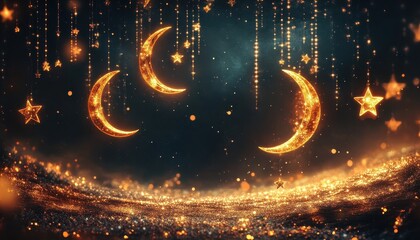 Wall Mural - Golden Crescent Moons and Stars on Dark Glitter Background