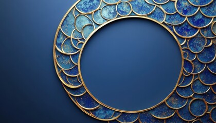 Wall Mural - Blue and Gold Abstract Circular Frame with Scale Pattern