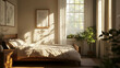 © Usman - Sunlit bedroom with a wooden bed, soft linens, and minimalist decor creating a peaceful retreat