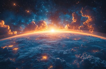 Wall Mural - stunning earth view from space with sunrise and starry sky