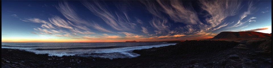 Wall Mural - Dramatic Coastal Vector Image with Majestic Sky, Rocky Shoreline, Ocean Waves, and Mountains under Vibrant Sunrise Colors - Perfect for Landscape Art Enthusiasts