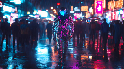 Cyberpunk street performer with holographic outfit neonlit crowd rainslicked streets reflecting electric colors. Cyberpunk Holographic Street. Illustration