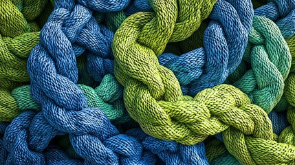 Textured closeup shot of coiled blue and green nets with complex interlocking ropes, creating a bold visual effect