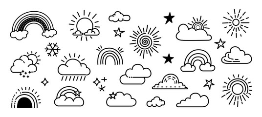 collection of creative weather doodle basic elements isolated on plain white background