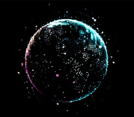 Leinwandbilder - Vector illustration depicts a glowing, multicolored sphere composed of dots, set against a dark background. The design evokes cosmic or digital themes with a sense of depth and mystery.